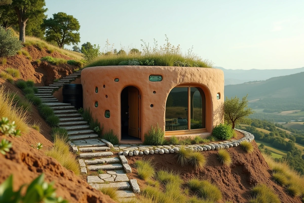 Maison earthship écologique construite dans une colline avec murs en adobe, bouteilles de verre recyclées et jardin sur le toit