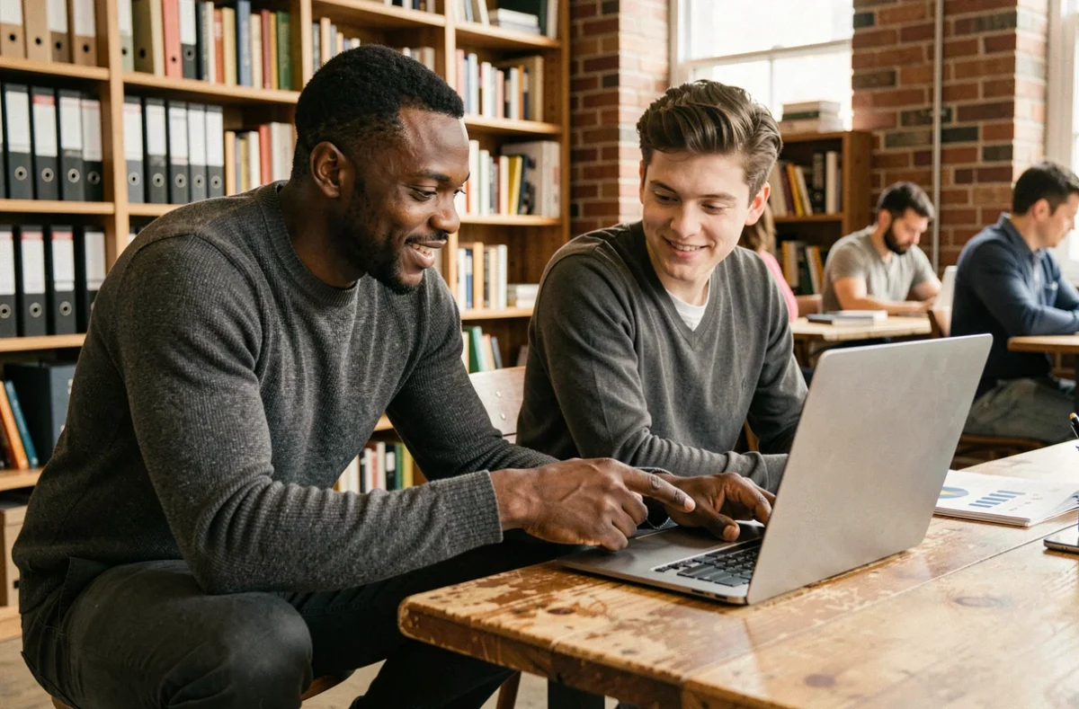 Manager homme en pull gris coachant un collègue junior devant un ordinateur portable dans un espace de coworking chaleureux