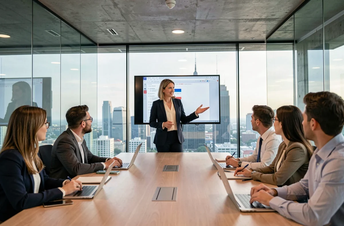 Manager femme en blazer marine animant une réunion d'équipe dans une salle de conférence moderne avec vue sur la ville