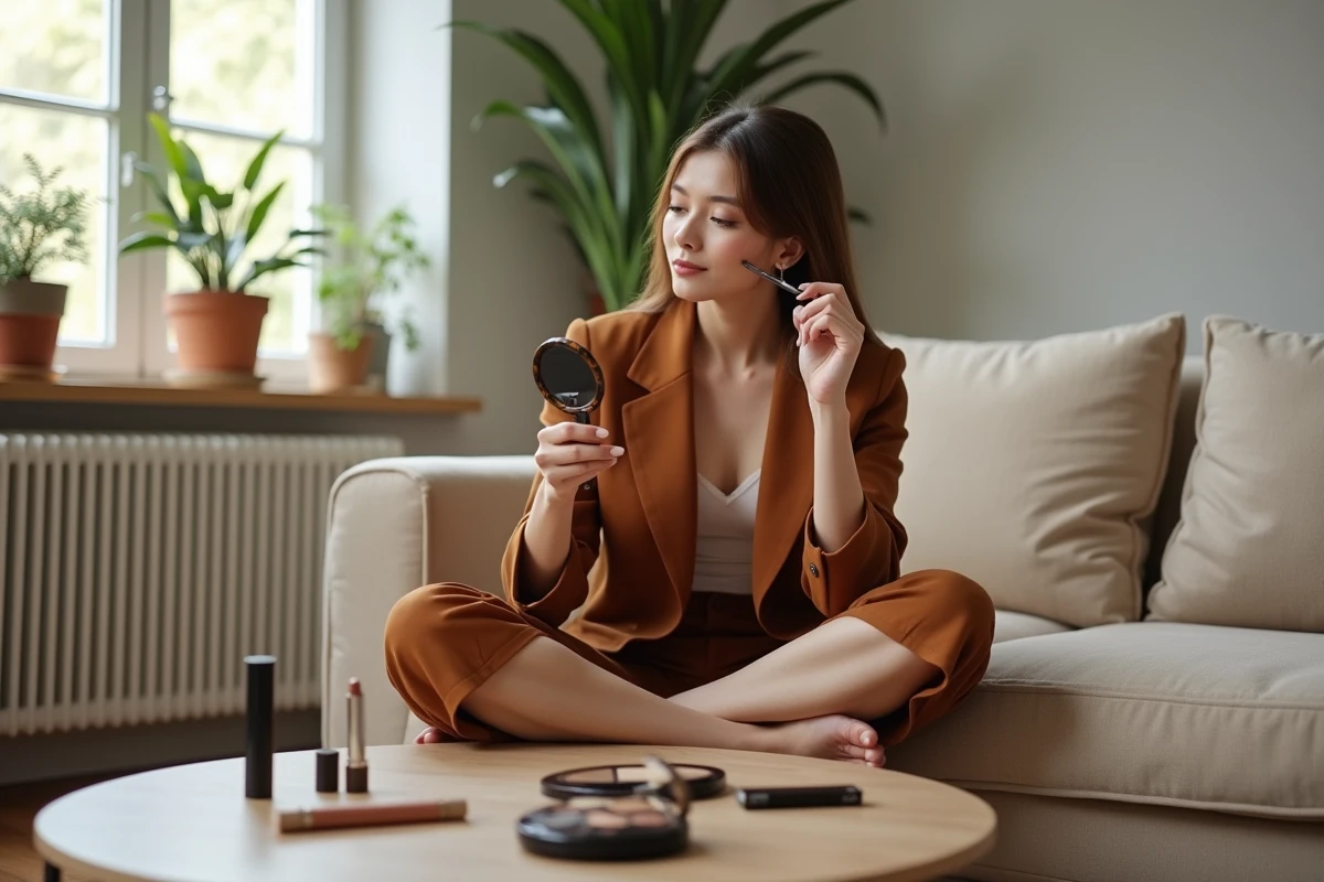 Femme en robe blazer marron cognac maquillant ses sourcils assise sur un canapé en lin avec des produits de beauté posés sur une table basse
