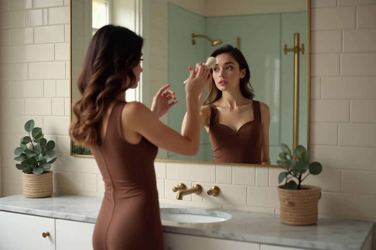 Jeune femme en robe marron chocolat appliquant un fard à paupières bronze devant un miroir de salle de bain