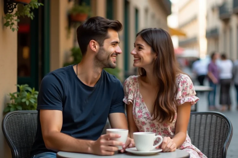 Couple complice partageant un moment intime en terrasse de café à Barcelone, évoquant la relation discrète de Marc Marquez et sa compagne