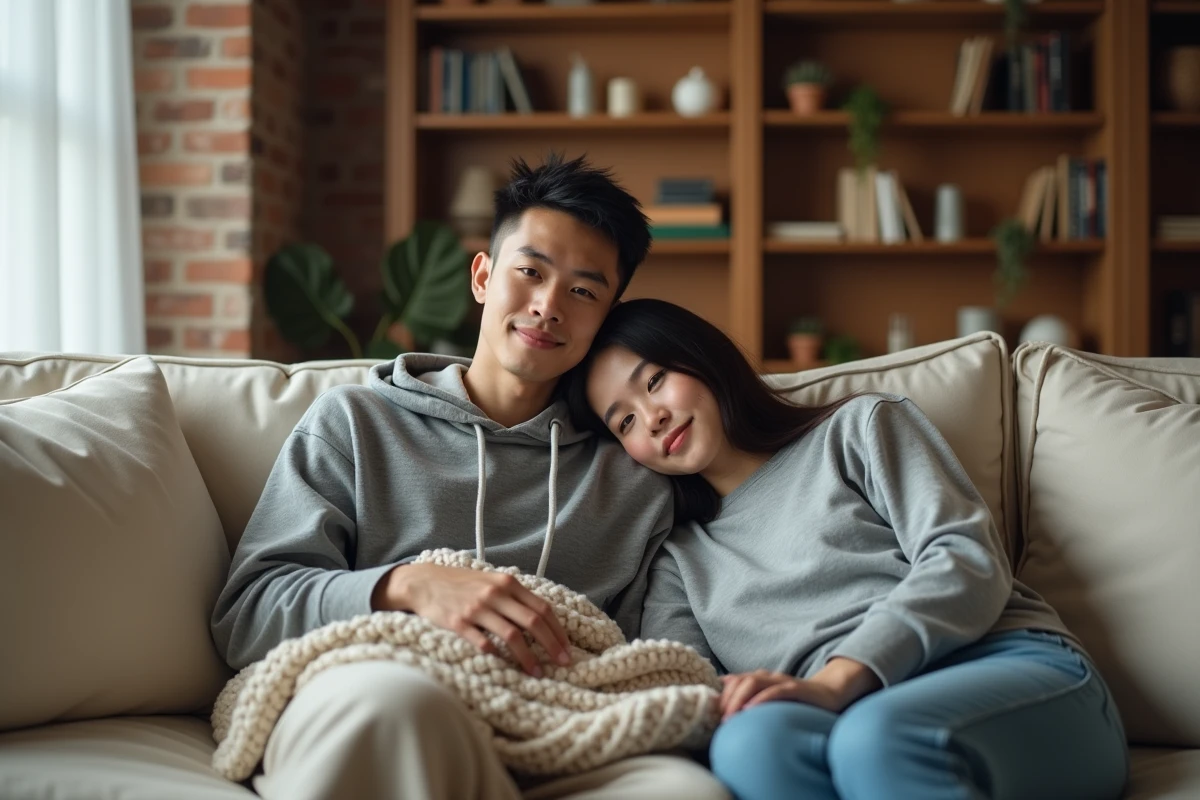Couple détendu dans un intérieur cosy et chaleureux, capturant l'intimité et la complicité de la vie privée de Marc Marquez et sa petite amie