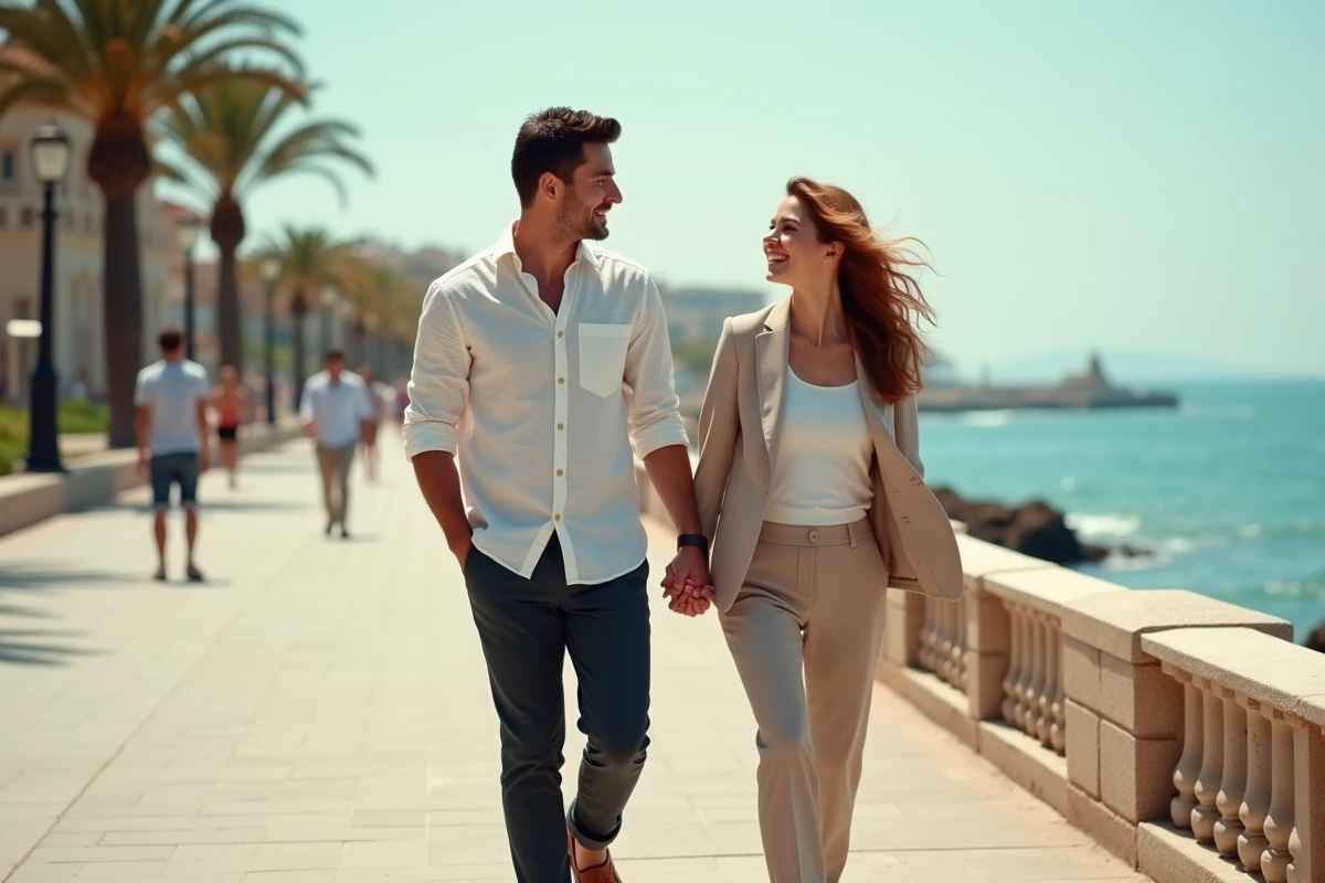Un couple marchant main dans la main sur une promenade méditerranéenne, illustrant la complicité et la vie privée de Marc Marquez avec sa compagne