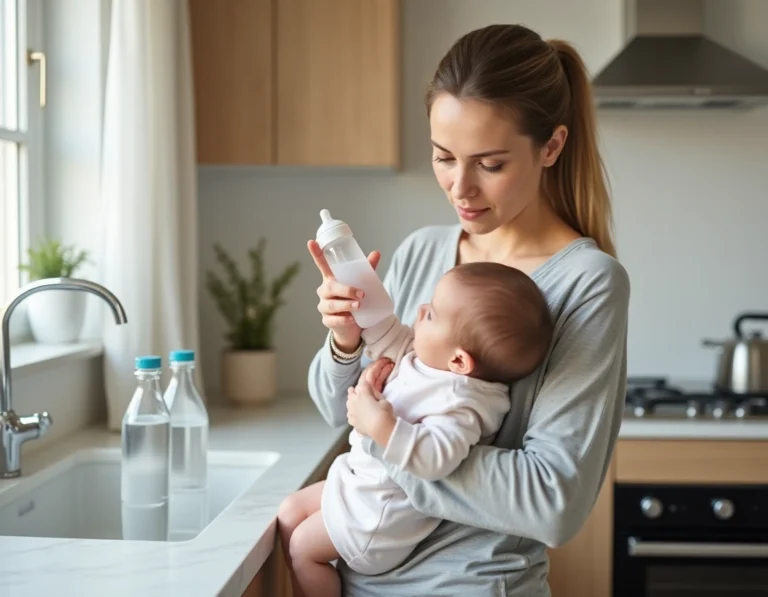 Mère donnant de l'eau en bouteille à son nourrisson pour soulager la constipation de bébé