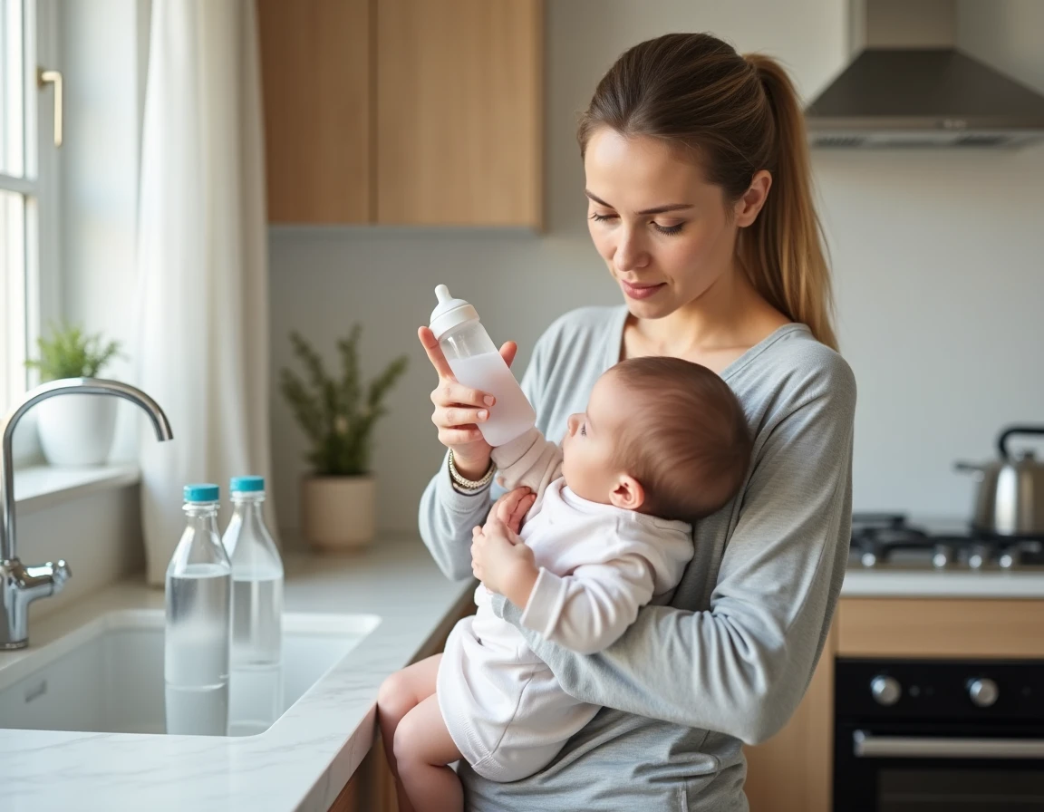 Mère donnant de l'eau en bouteille à son nourrisson pour soulager la constipation de bébé