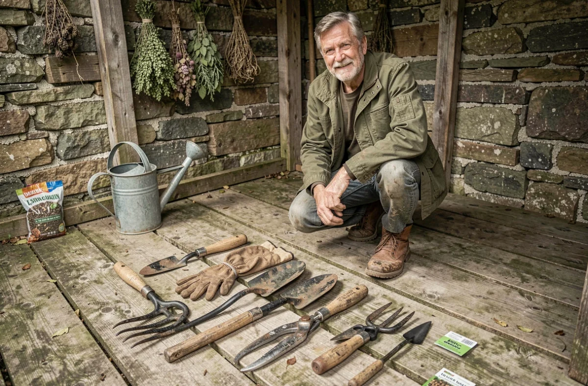 Homme jardinier arrangeant ses outils essentiels de jardinage dans un cabanon rustique en bois