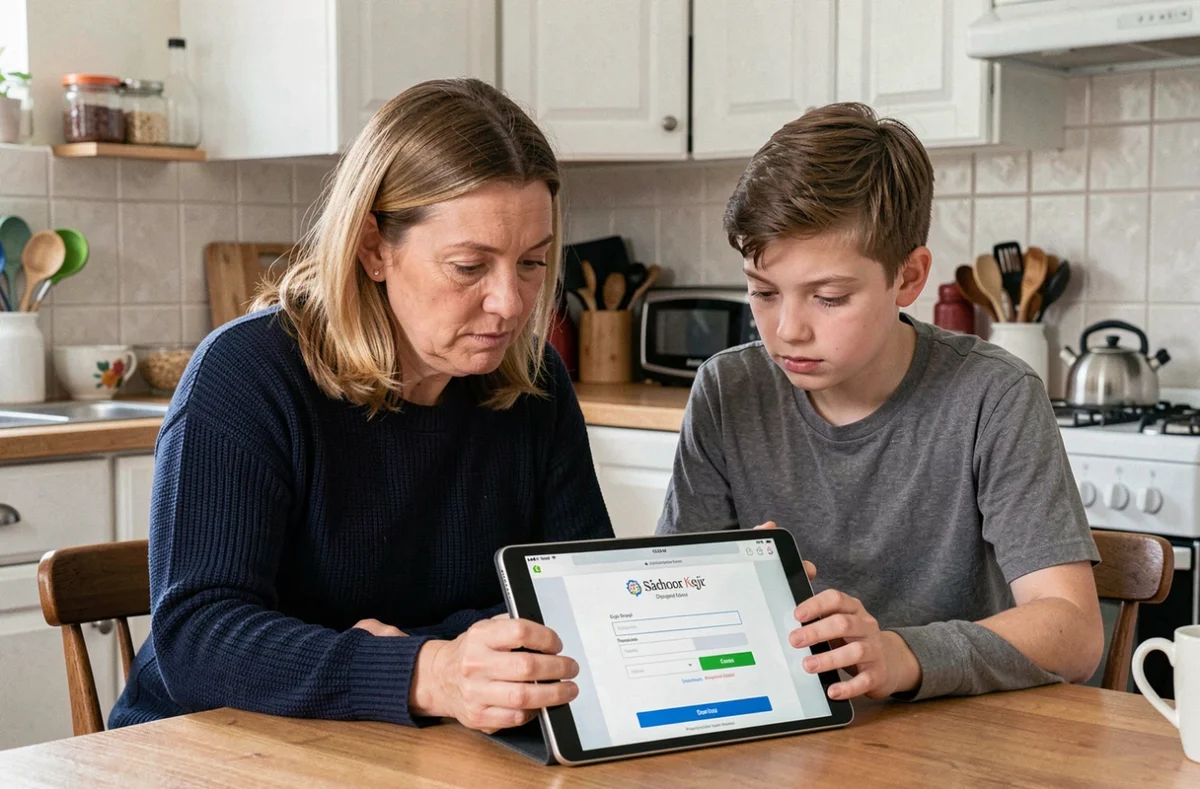 Mère et fils consultant ensemble le portail Pronote sur une tablette dans la cuisine familiale
