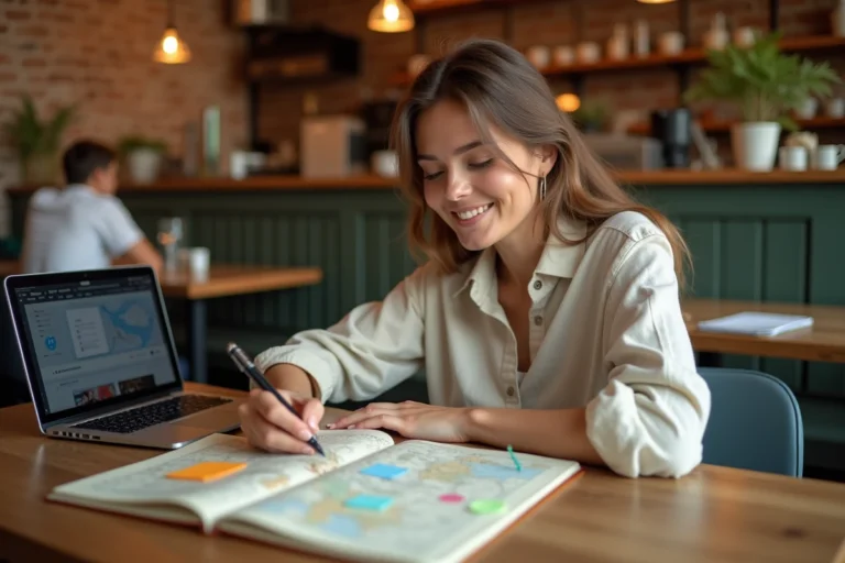 Femme planifiant un voyage sur mesure avec un journal de voyage et une carte dans un café chaleureux