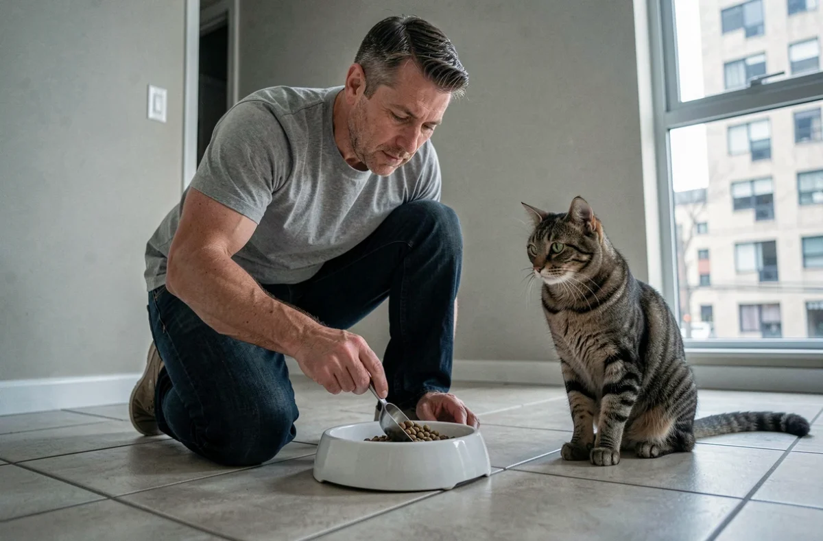 Homme préparant la gamelle de croquettes de son chat tigré dans un appartement urbain, alimentation équilibrée pour animal de compagnie