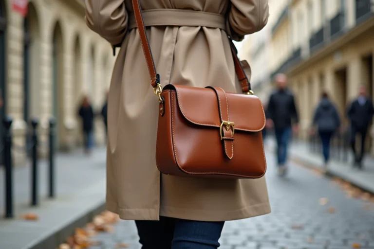 Femme portant un sac bandoulière en cuir cognac à fermoir doré dans une rue pavée parisienne en automne