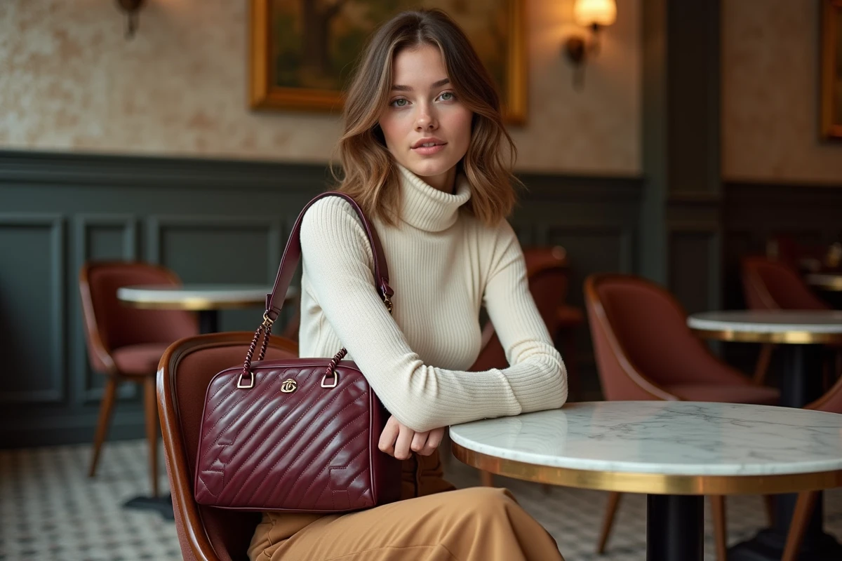 Jeune femme dans un café parisien avec un sac bandoulière matelassé en cuir bordeaux posé contre sa chaise