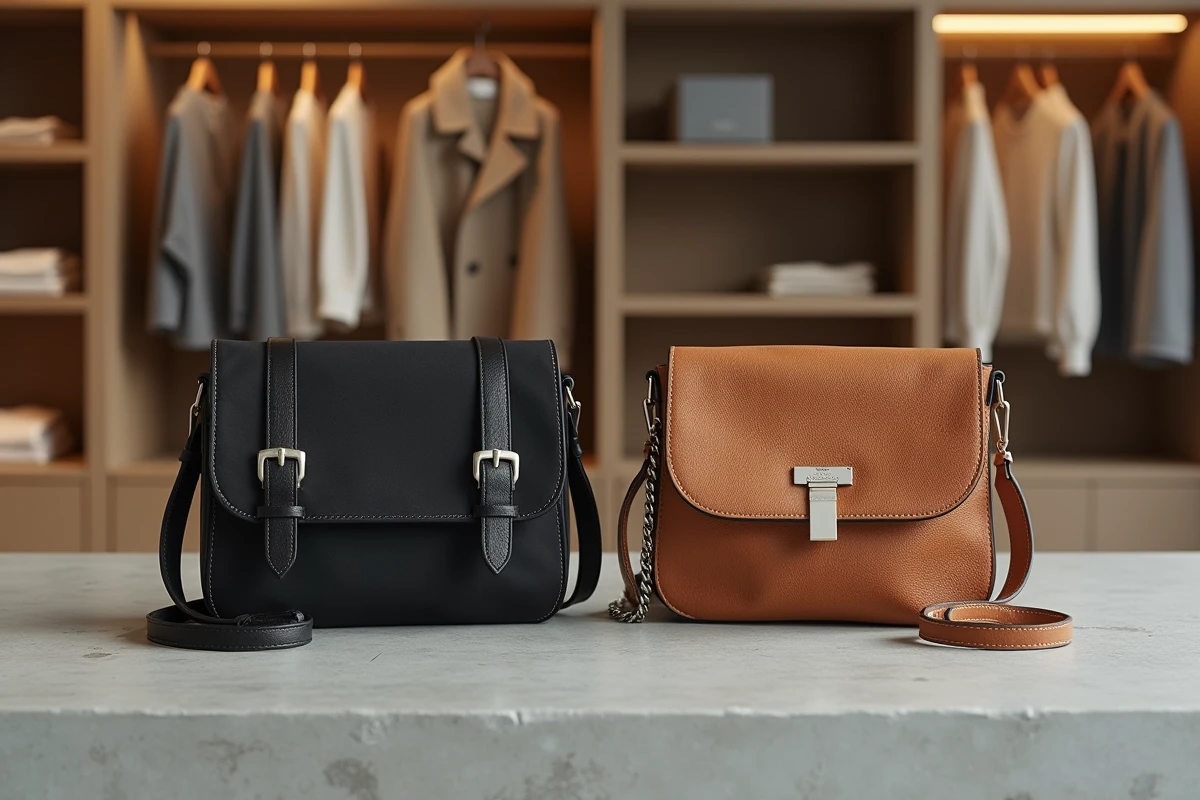 Deux sacs bandoulière tendance posés sur béton brut dans une boutique minimaliste, modèles cuir caramel et toile noire