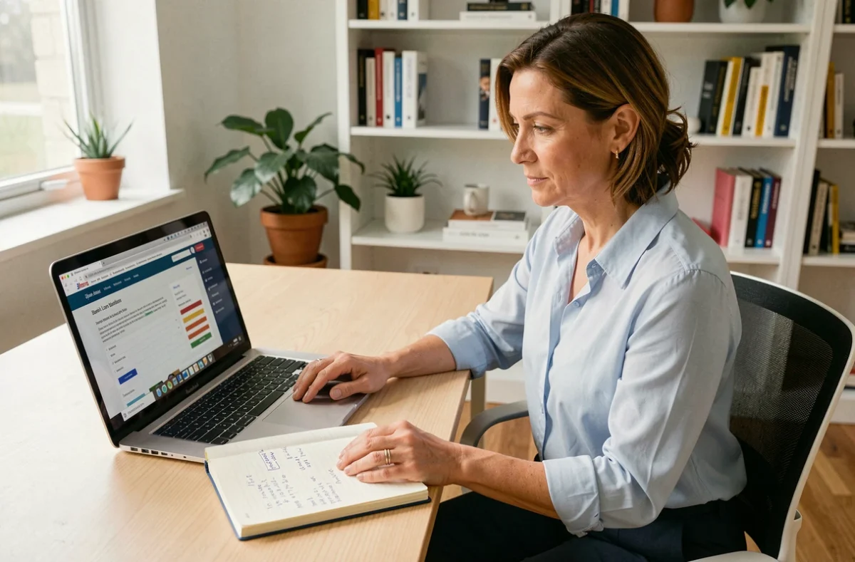 Femme consultant une simulation de prêt à la consommation sur ordinateur à domicile