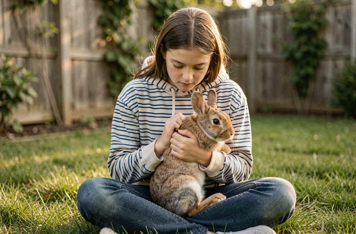 Adolescente tenant un lapin dans ses bras dans un jardin résidentiel, soins et manipulation douce d'un petit animal de compagnie