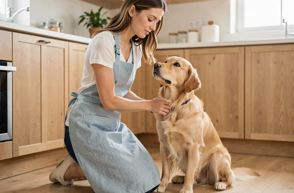 Femme brossant son golden retriever dans une cuisine moderne en bois clair, soin quotidien d'un animal de compagnie