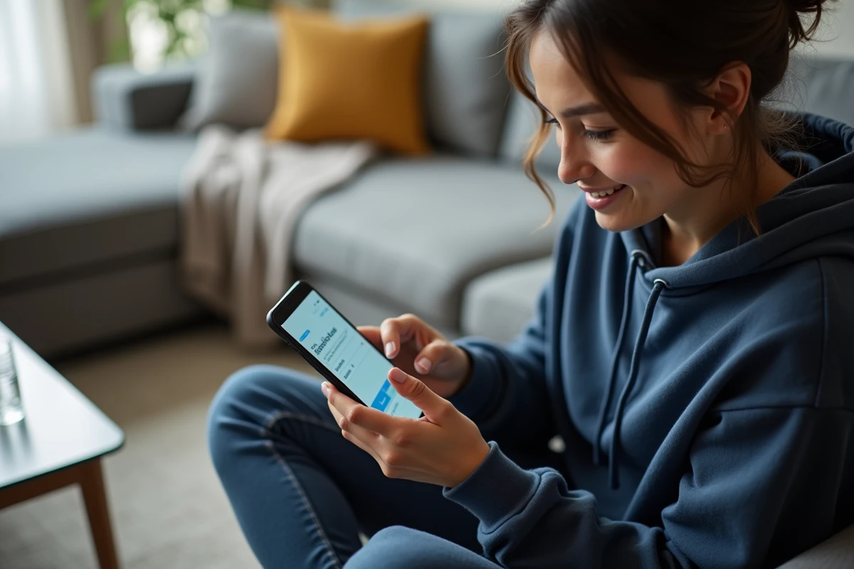 Jeune femme vérifiant le suivi de ses remboursements d'assurance via l'espace client mobile sur smartphone depuis son canapé