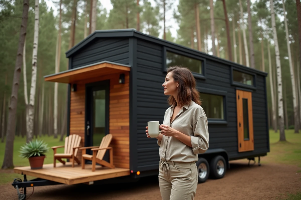 Femme debout sur la terrasse d'une tiny house en bois dans une forêt, tenant une tasse, style de vie minimaliste et écologique