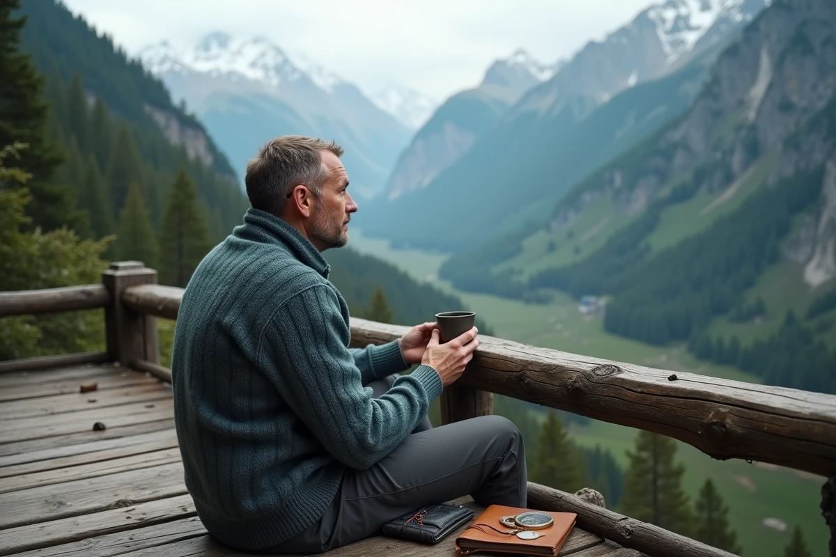 Voyageur solitaire sur la terrasse d'un refuge alpin contemplant un paysage de montagne lors d'un voyage sur mesure